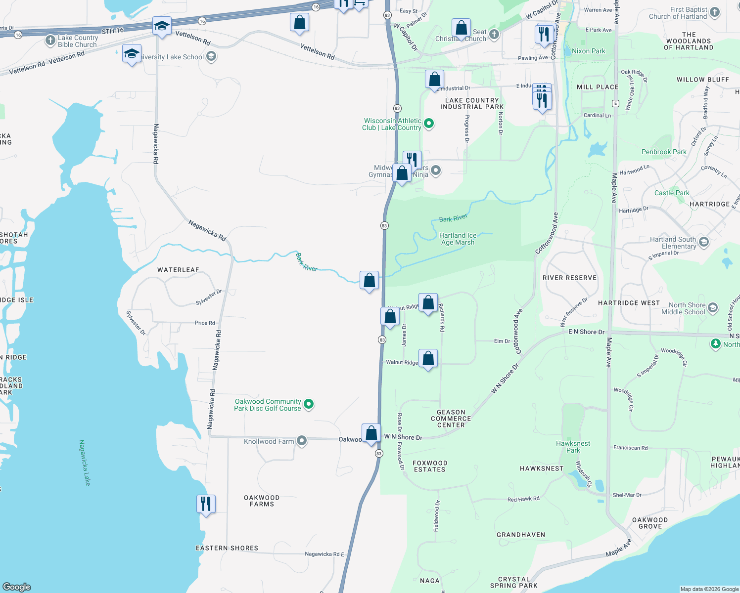 map of restaurants, bars, coffee shops, grocery stores, and more near 3115 Wisconsin 83 in Hartland