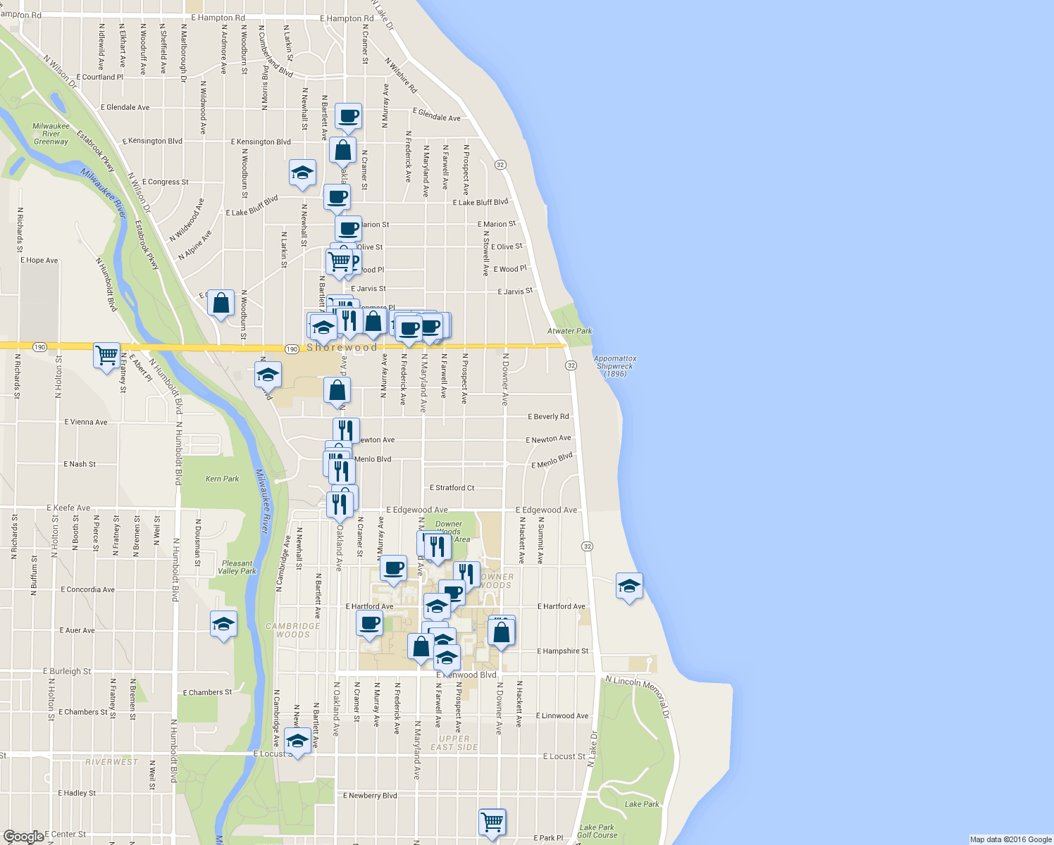 map of restaurants, bars, coffee shops, grocery stores, and more near 2633 East Beverly Road in Milwaukee
