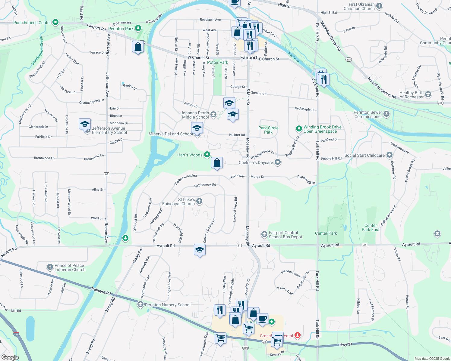 map of restaurants, bars, coffee shops, grocery stores, and more near 73 Clarkes Crossing in Fairport