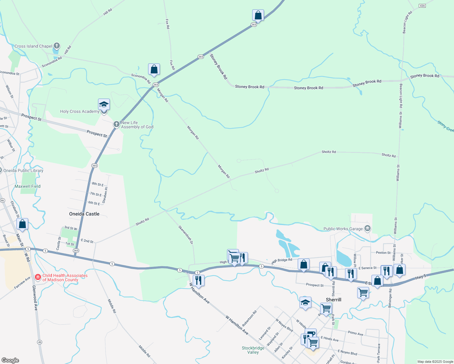 map of restaurants, bars, coffee shops, grocery stores, and more near 4141 Sholtz Road in Oneida