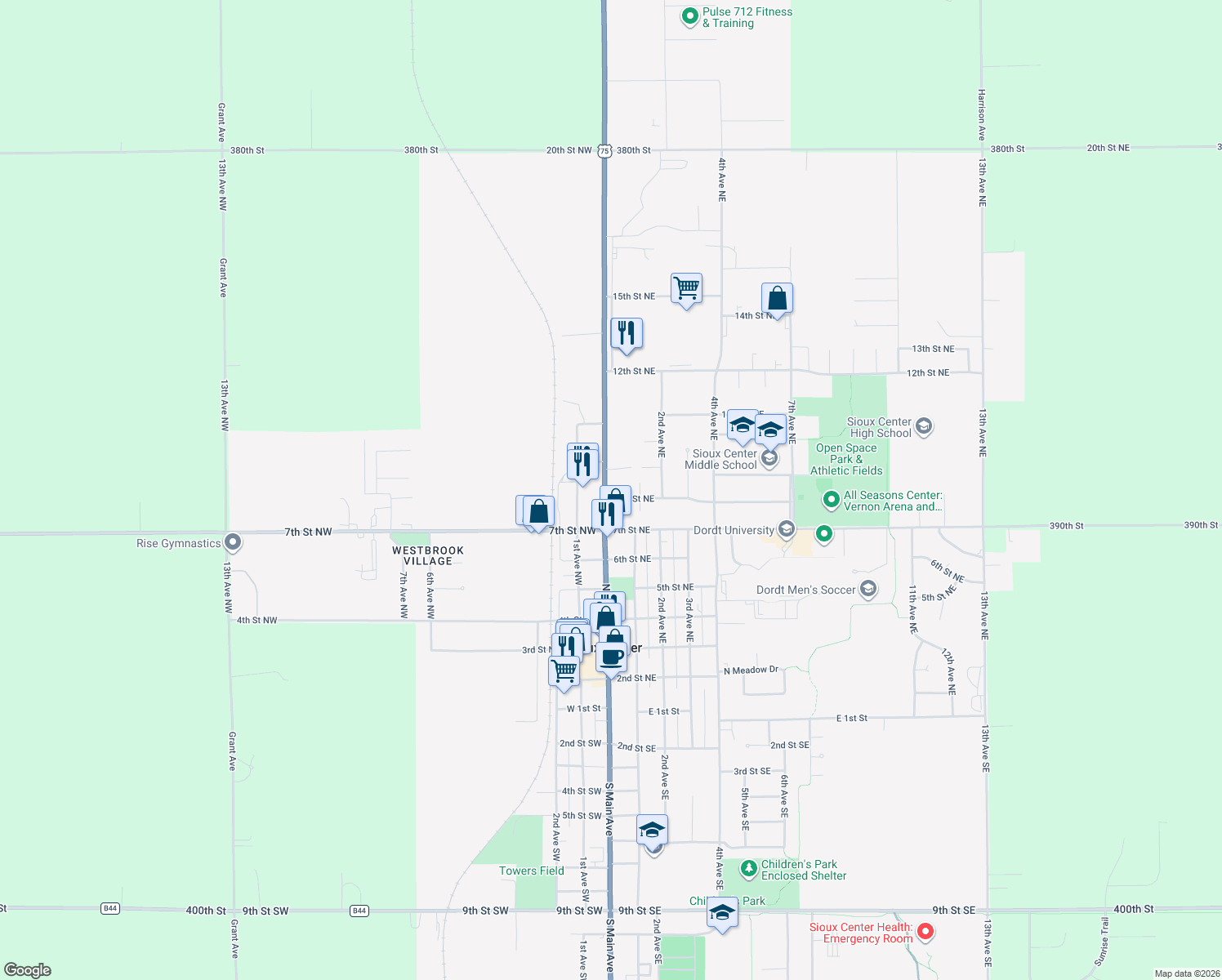 map of restaurants, bars, coffee shops, grocery stores, and more near 806 North Main Avenue in Sioux Center