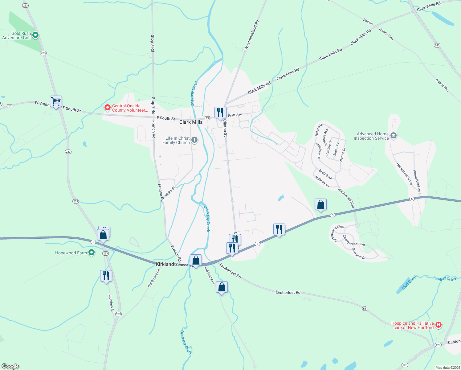 map of restaurants, bars, coffee shops, grocery stores, and more near 4734 Clinton Street in Clinton