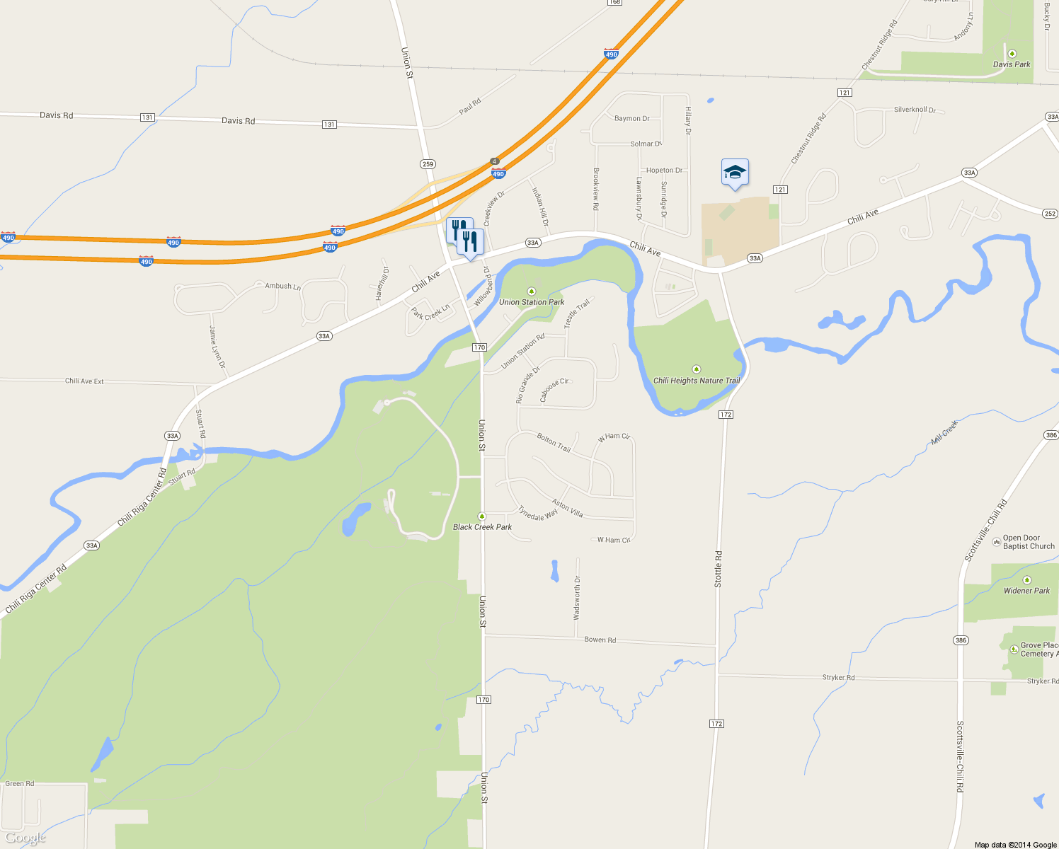 map of restaurants, bars, coffee shops, grocery stores, and more near 41 Bolton Trail in North Chili