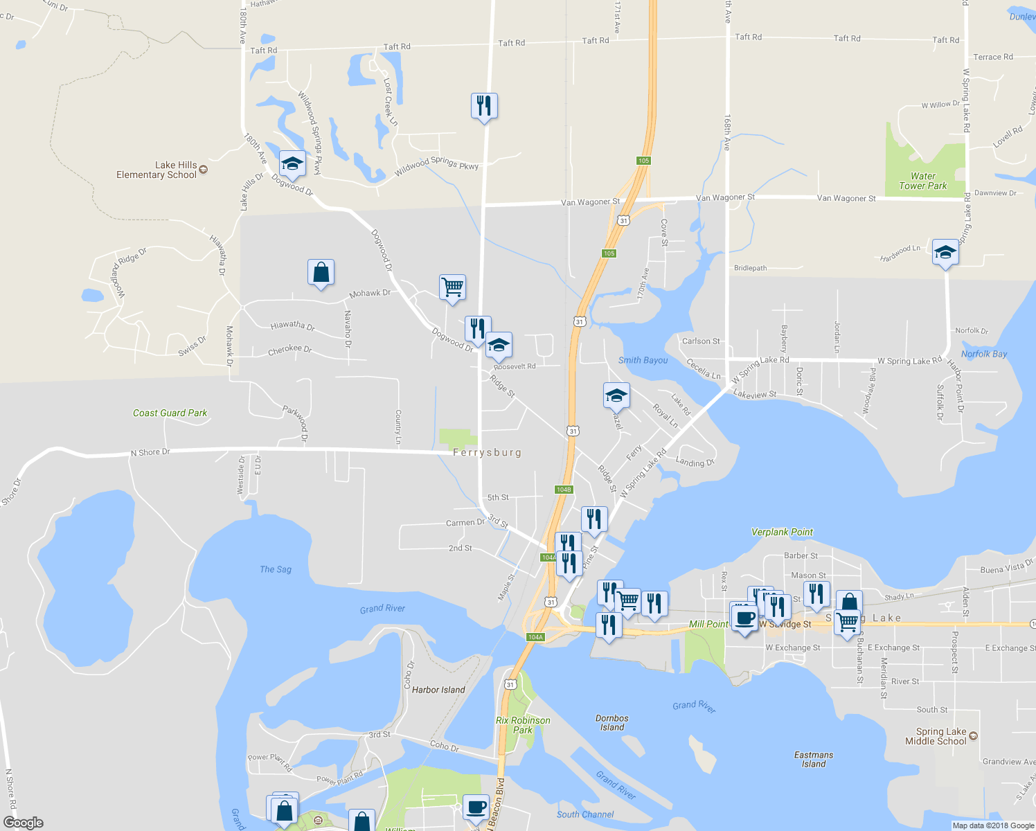 map of restaurants, bars, coffee shops, grocery stores, and more near 17301 Lane Avenue in Spring Lake