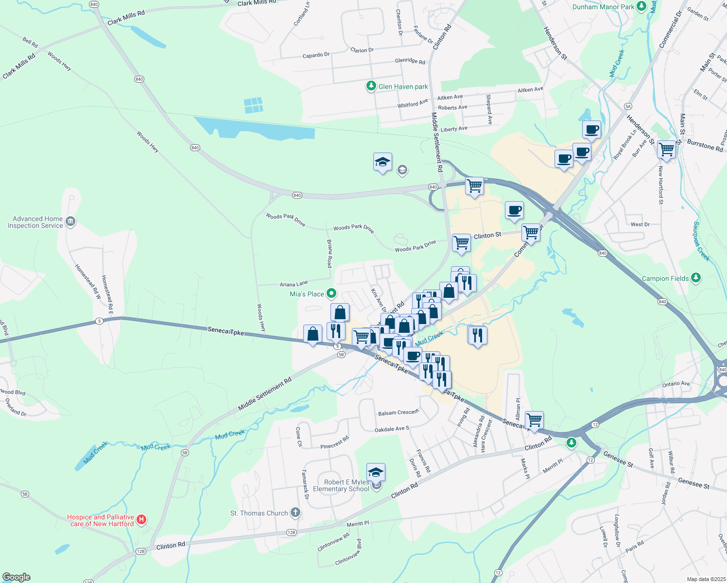 map of restaurants, bars, coffee shops, grocery stores, and more near 13 Parkview Drive in New Hartford