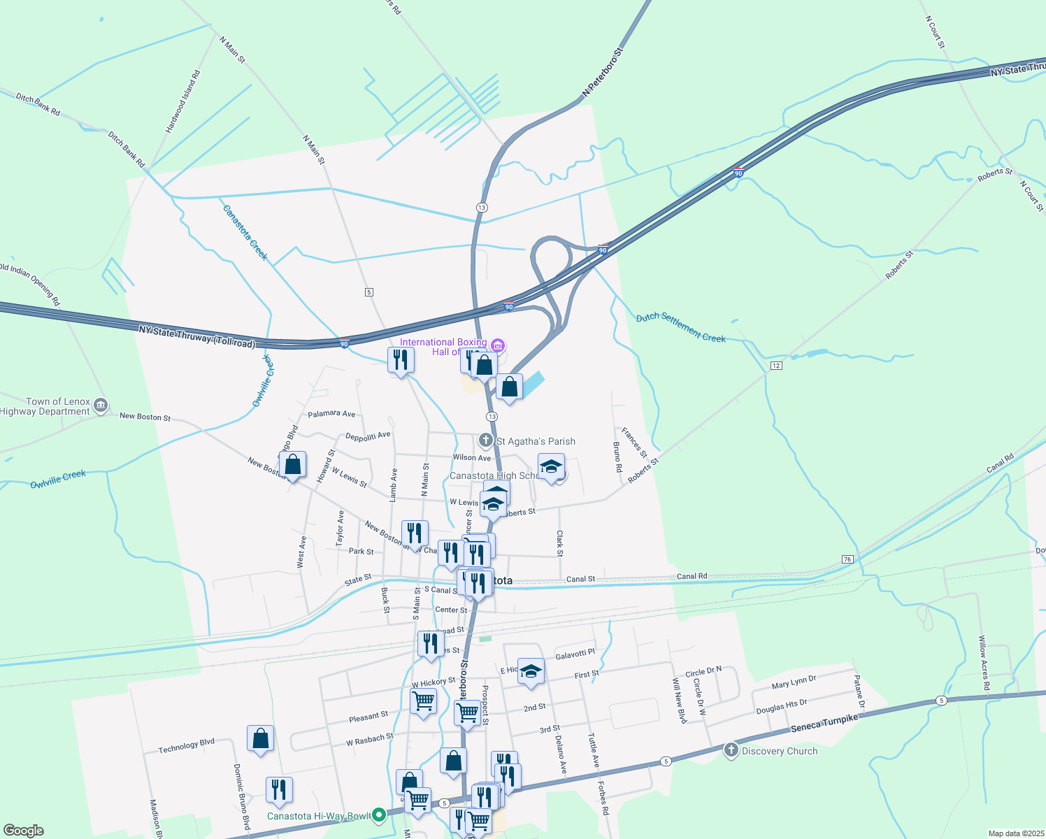 map of restaurants, bars, coffee shops, grocery stores, and more near 346 N Peterboro St in Canastota