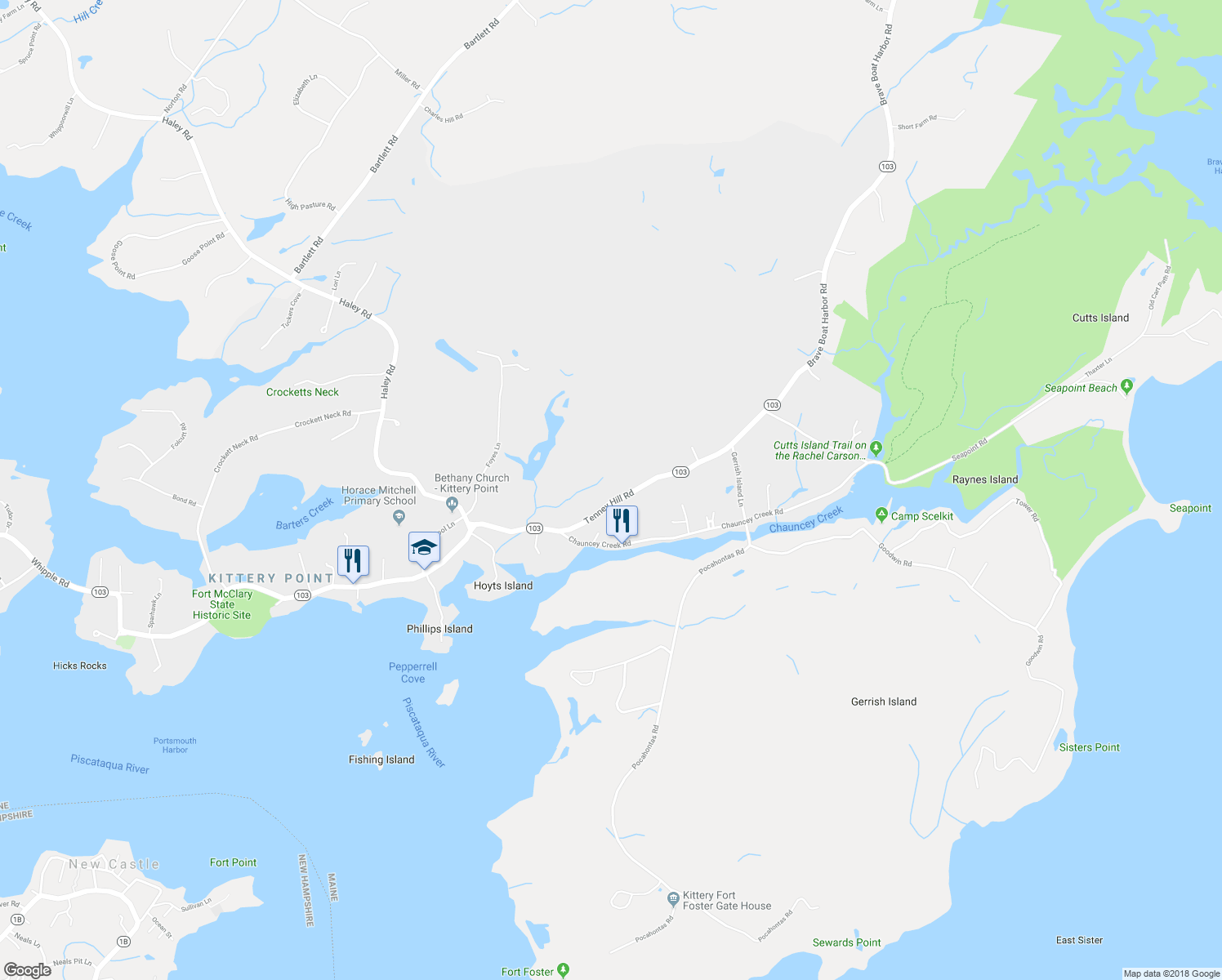 map of restaurants, bars, coffee shops, grocery stores, and more near 19 Tenney Hill Road in Kittery