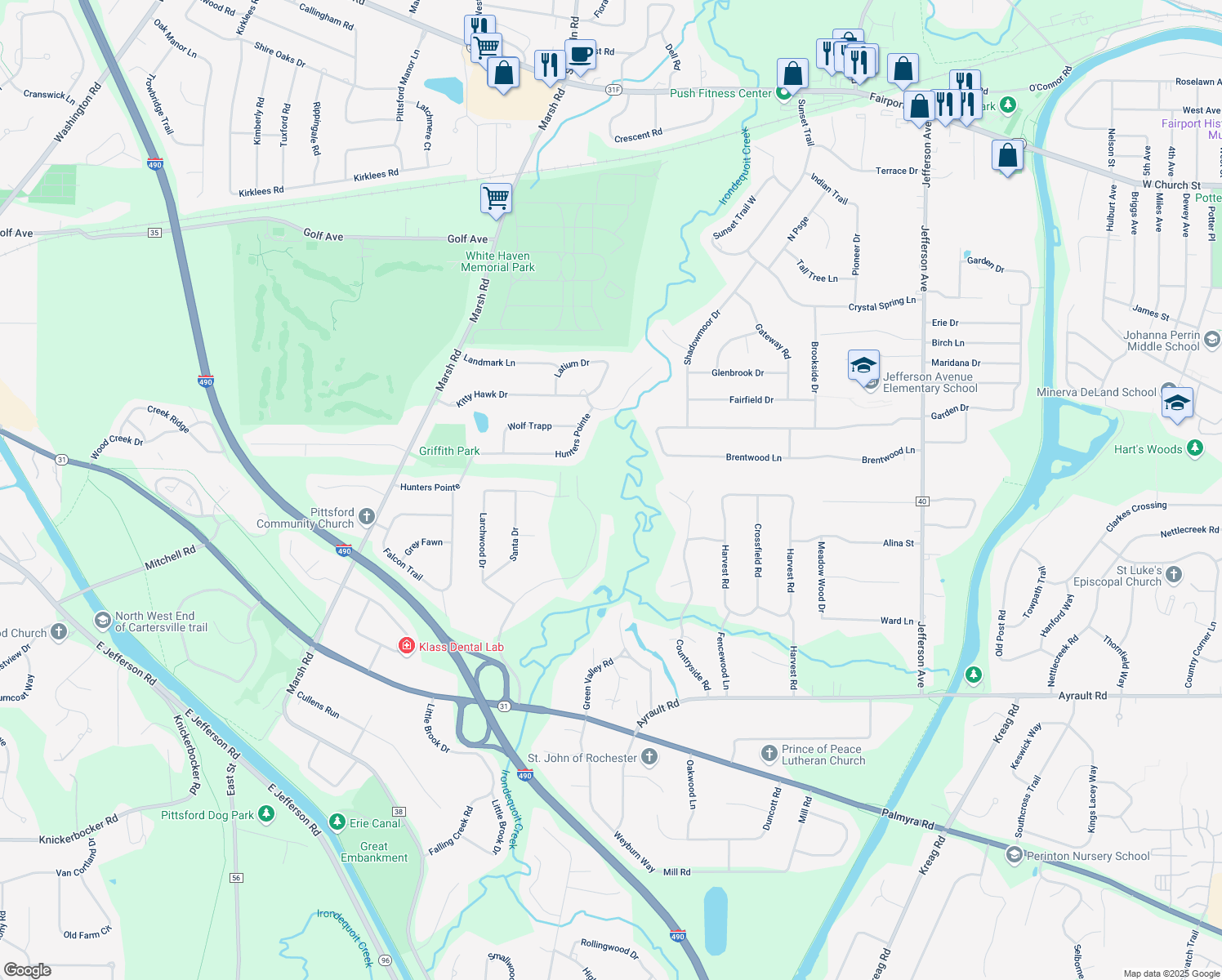 map of restaurants, bars, coffee shops, grocery stores, and more near 157 Crescent Hill Road in Pittsford