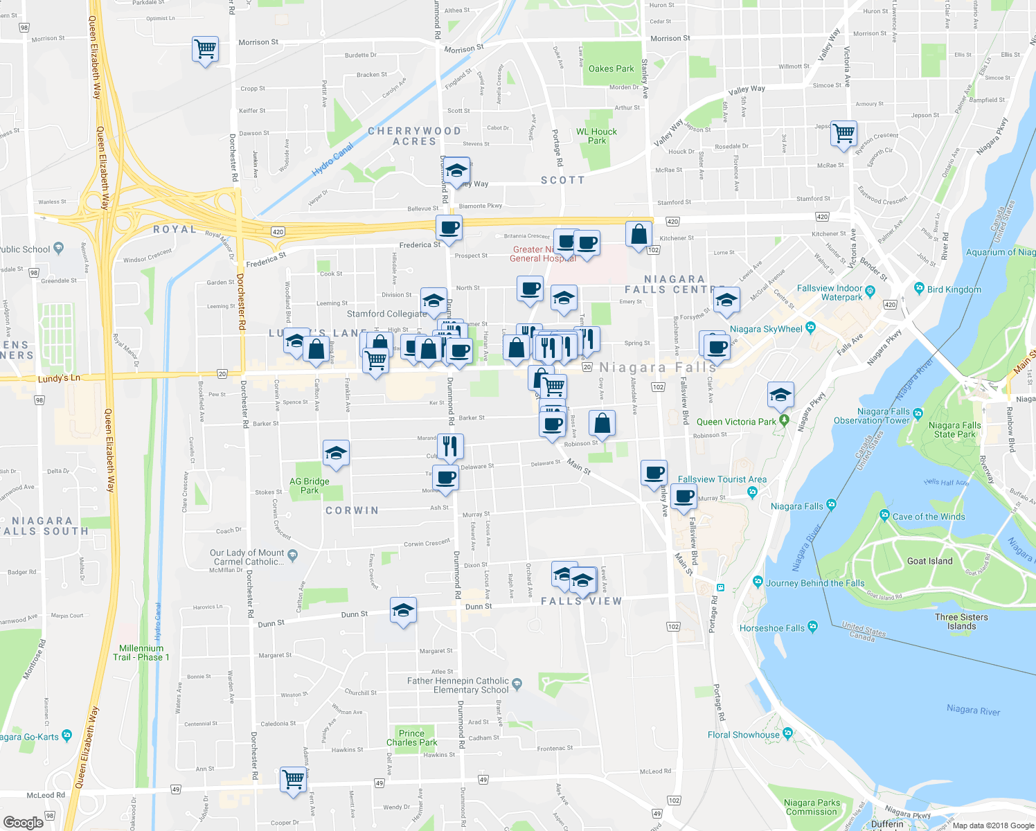 map of restaurants, bars, coffee shops, grocery stores, and more near 5993 Barker Street in Niagara Falls