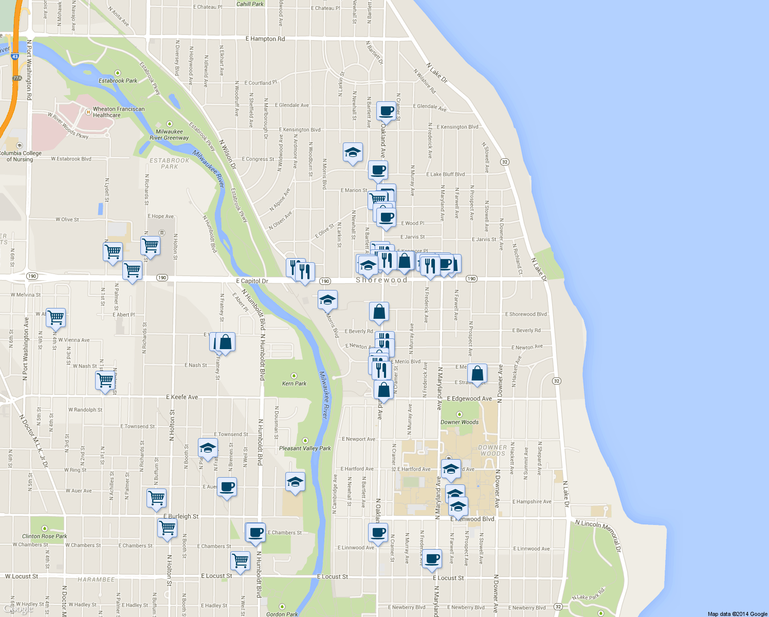 map of restaurants, bars, coffee shops, grocery stores, and more near 1818 East Shorewood Boulevard in Shorewood