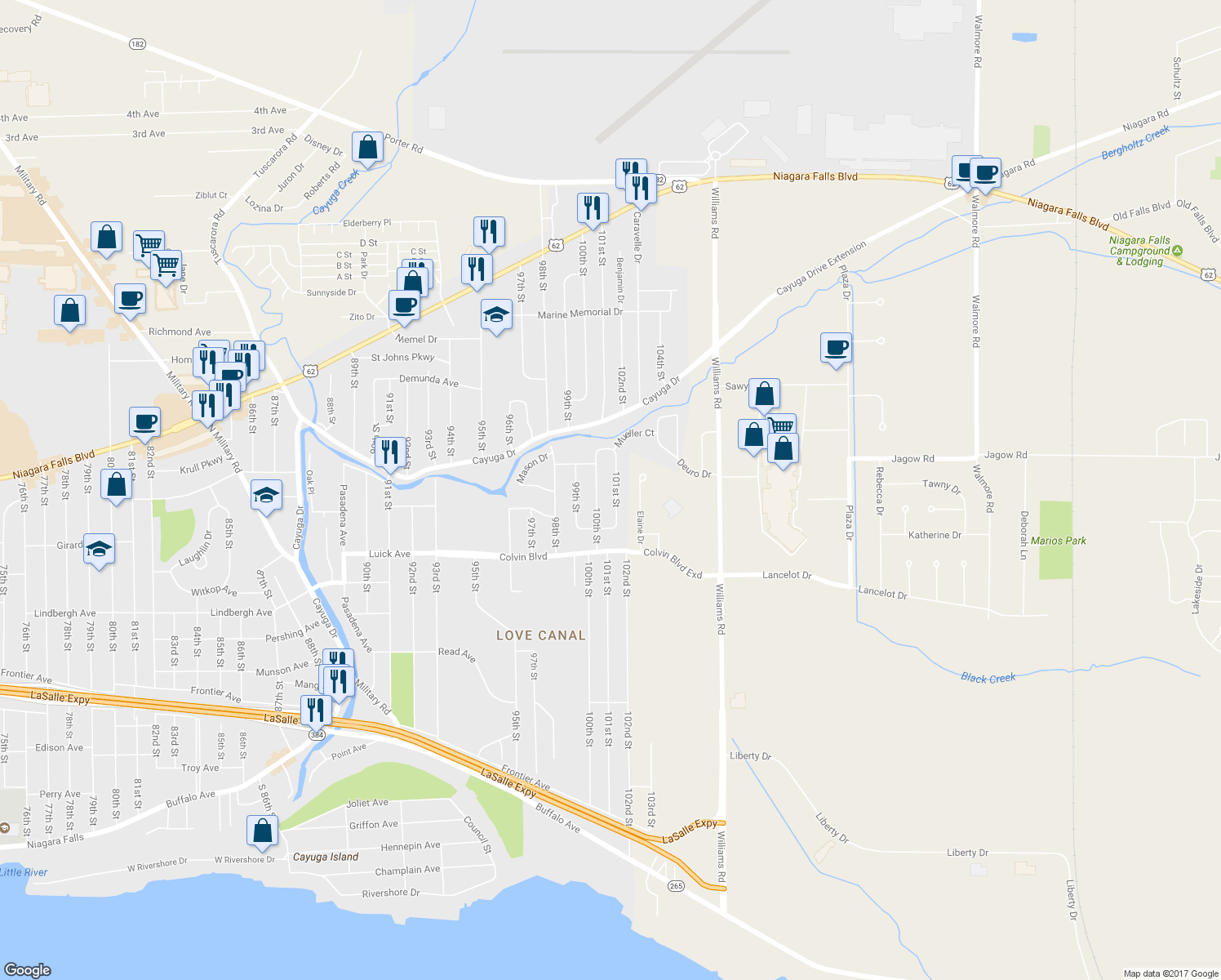 map of restaurants, bars, coffee shops, grocery stores, and more near 1066 101st Street in Niagara Falls