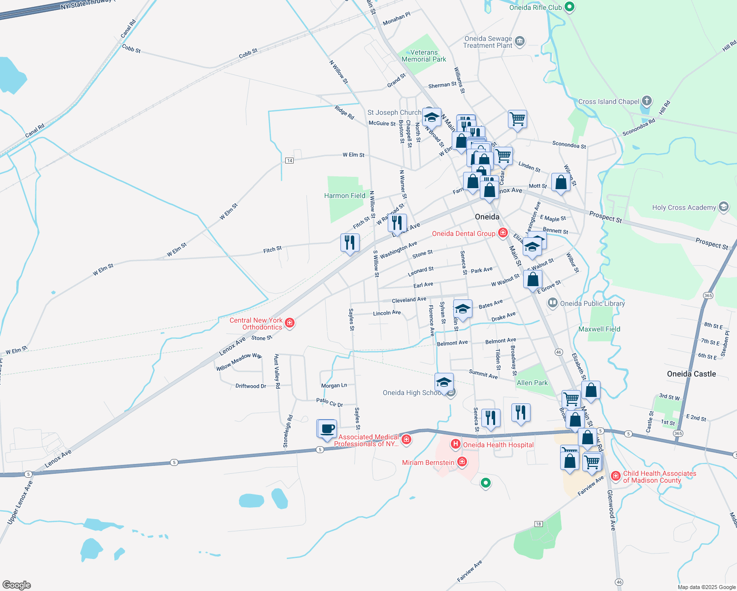 map of restaurants, bars, coffee shops, grocery stores, and more near 321 Carpenter Street in Oneida