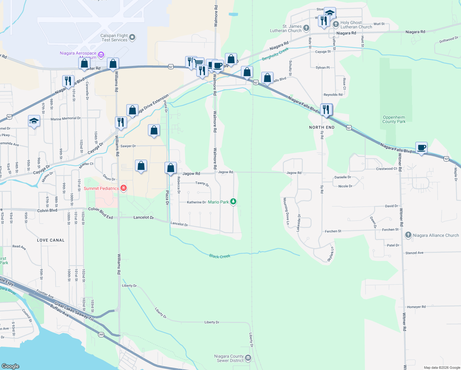 map of restaurants, bars, coffee shops, grocery stores, and more near 6932 Deborah Lane in Niagara Falls