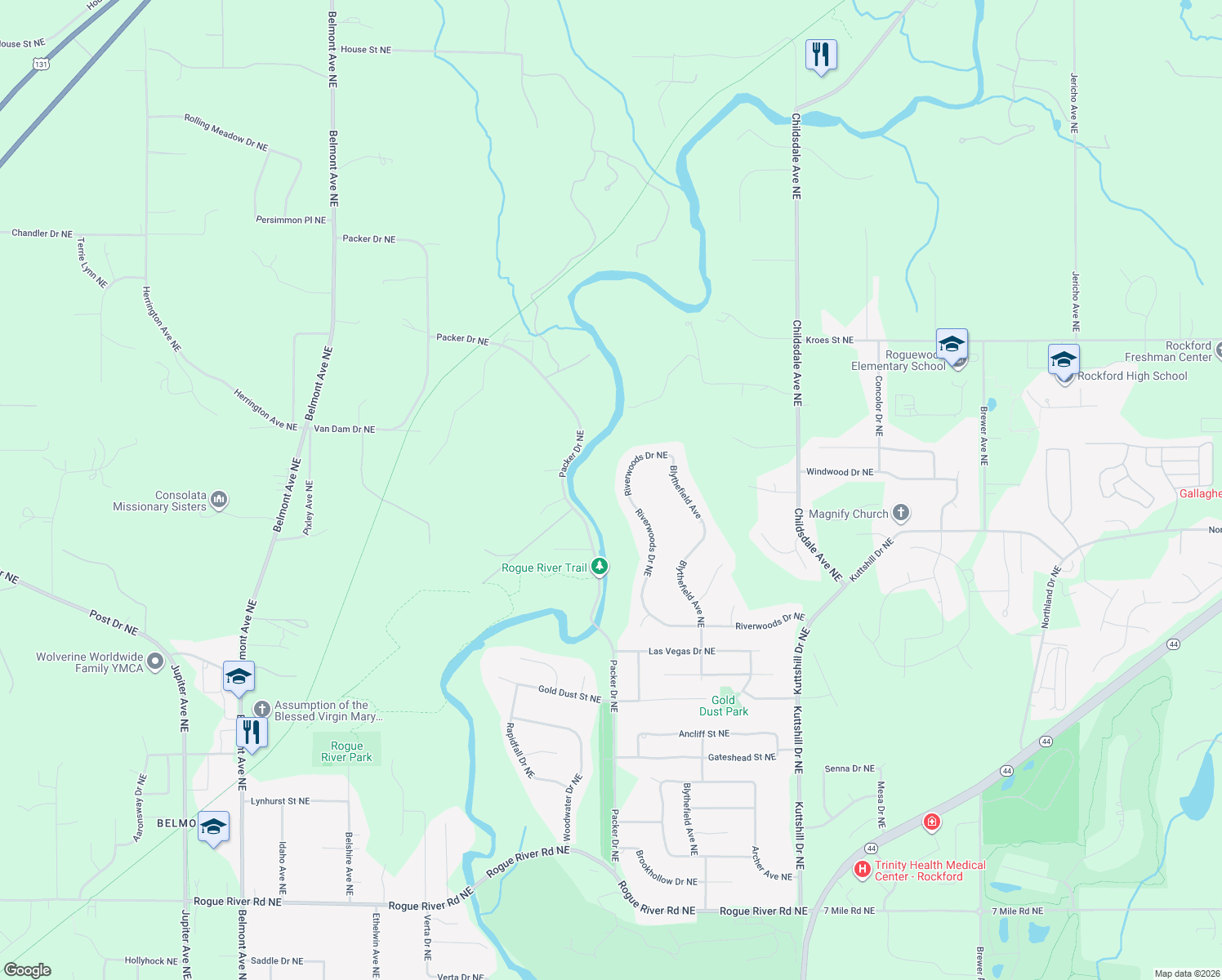 map of restaurants, bars, coffee shops, grocery stores, and more near 3018 Riverwoods Drive Northeast in Rockford
