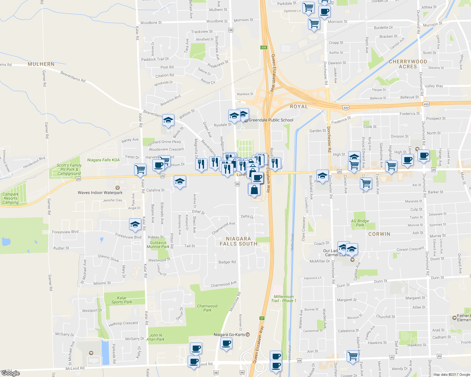 map of restaurants, bars, coffee shops, grocery stores, and more near 5979 Montrose Road in Niagara Falls