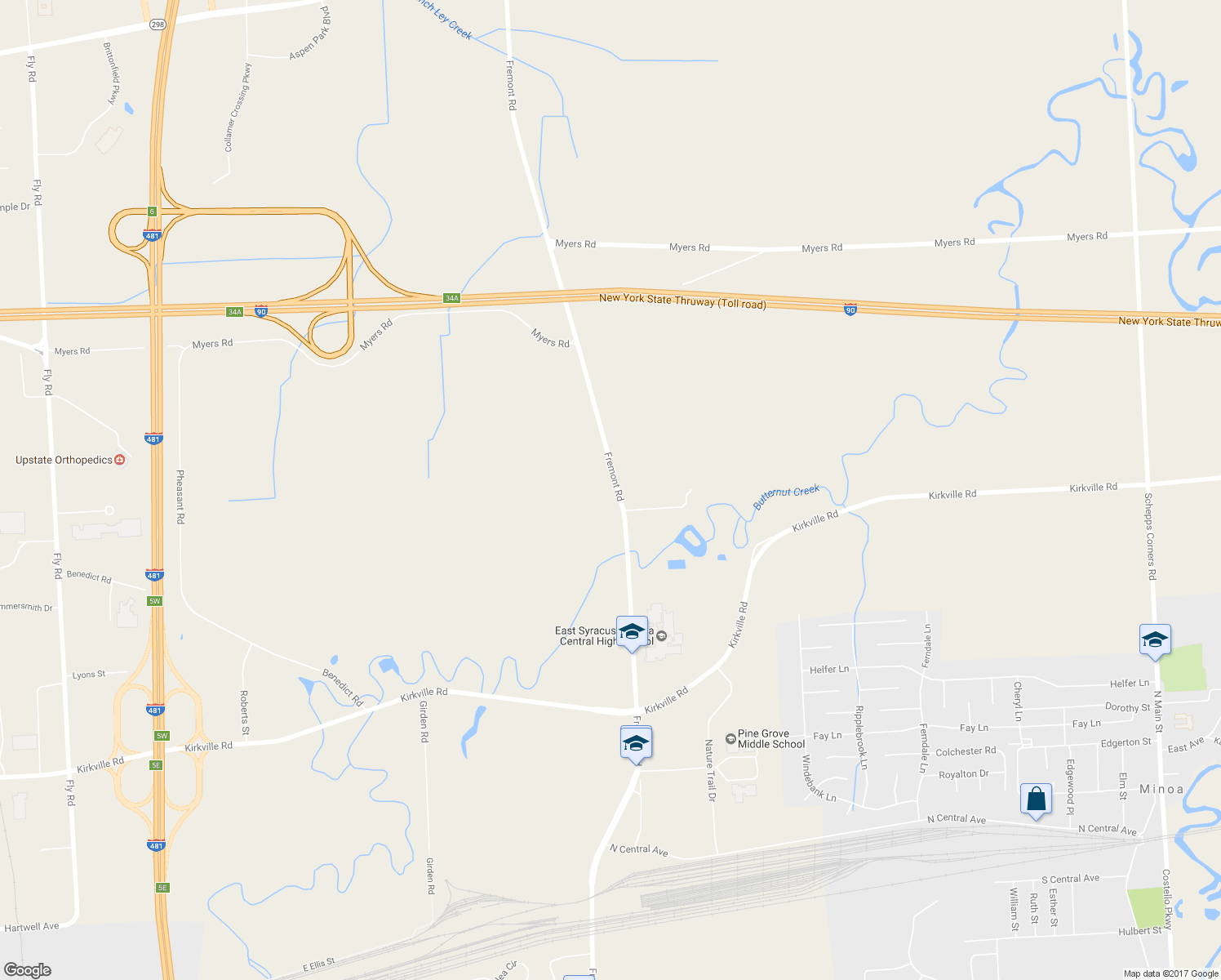 map of restaurants, bars, coffee shops, grocery stores, and more near 6539 Fremont Road in East Syracuse