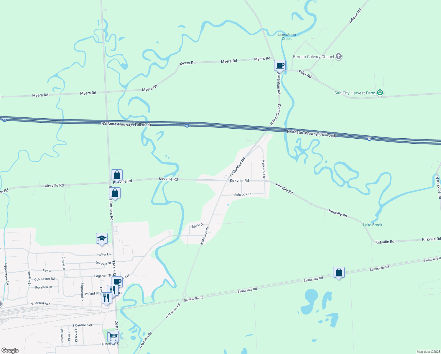 map of restaurants, bars, coffee shops, grocery stores, and more near 7801 Kirkville Rd in Kirkville