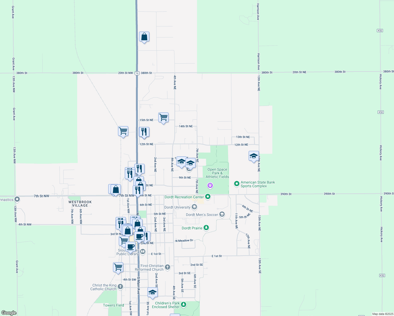 map of restaurants, bars, coffee shops, grocery stores, and more near 698 11th St NE in Sioux Center