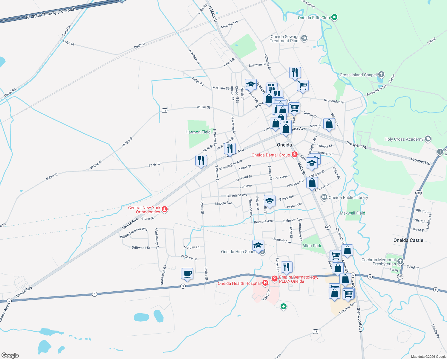 map of restaurants, bars, coffee shops, grocery stores, and more near 439 Stone St in Oneida