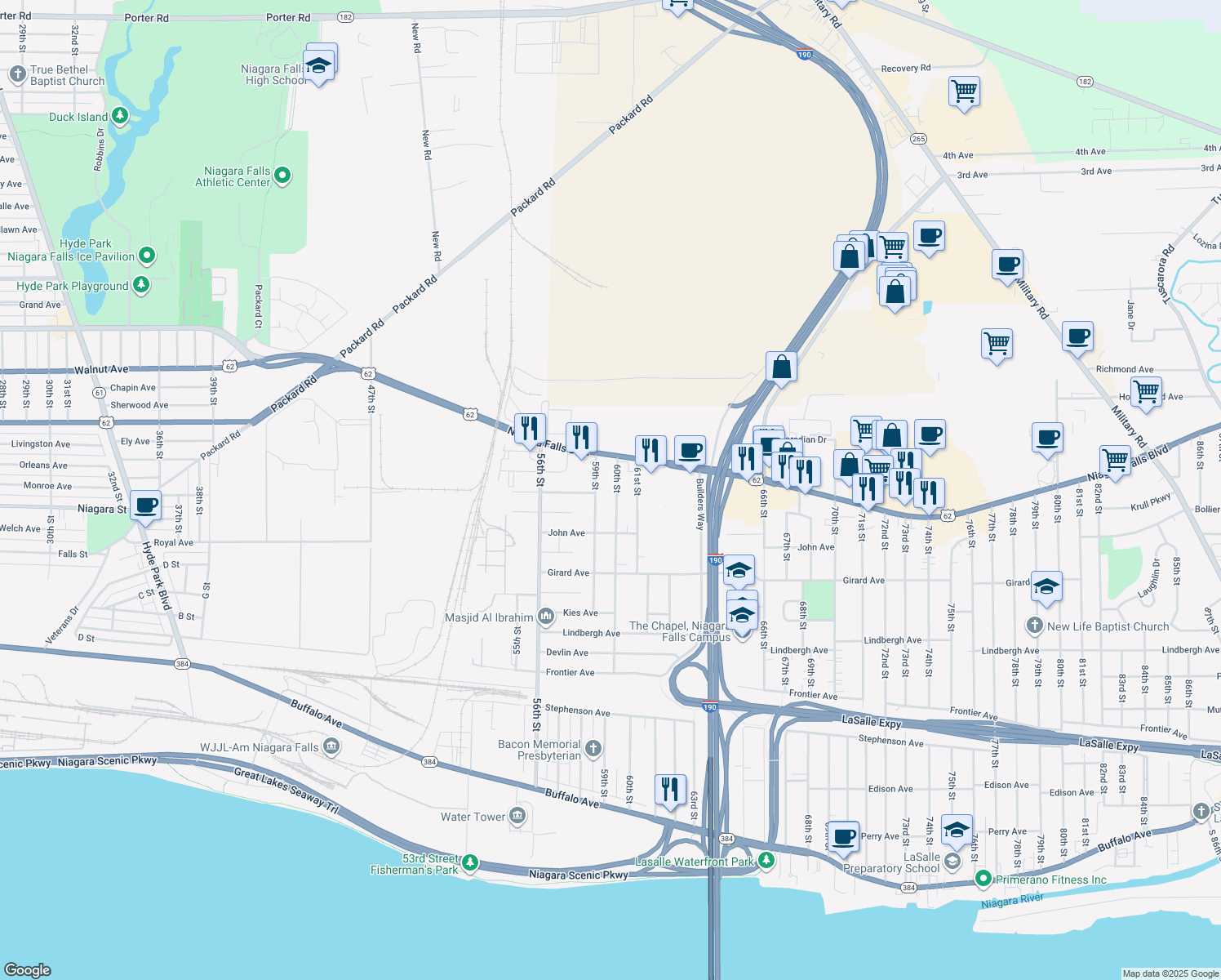 map of restaurants, bars, coffee shops, grocery stores, and more near 758 60th Street in Niagara Falls