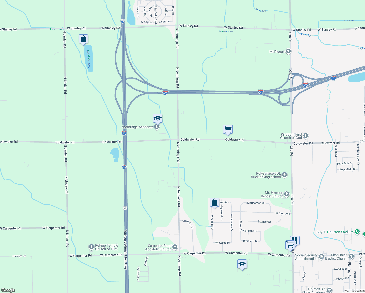 map of restaurants, bars, coffee shops, grocery stores, and more near 5500 N Jennings Rd in Flint