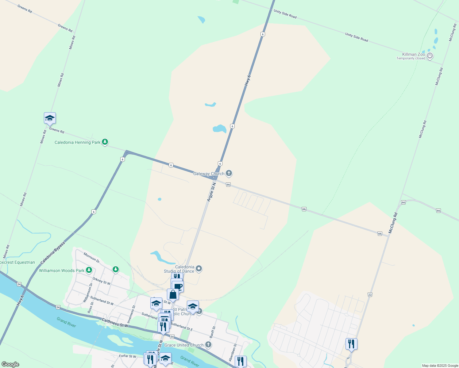 map of restaurants, bars, coffee shops, grocery stores, and more near 21 Haldimand 66 in Caledonia