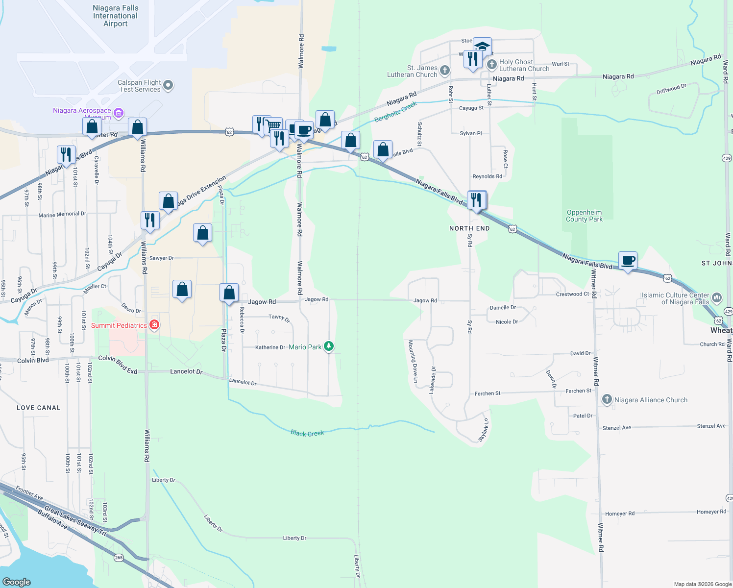 map of restaurants, bars, coffee shops, grocery stores, and more near 2347 Jagow Road in Niagara Falls