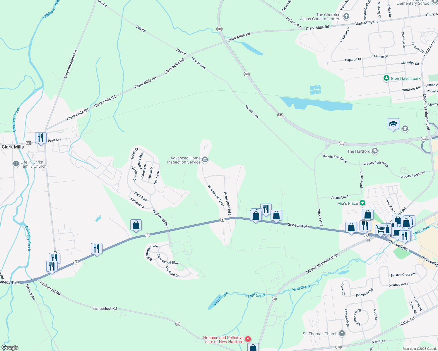 map of restaurants, bars, coffee shops, grocery stores, and more near 10 Homestead Ct in Clinton