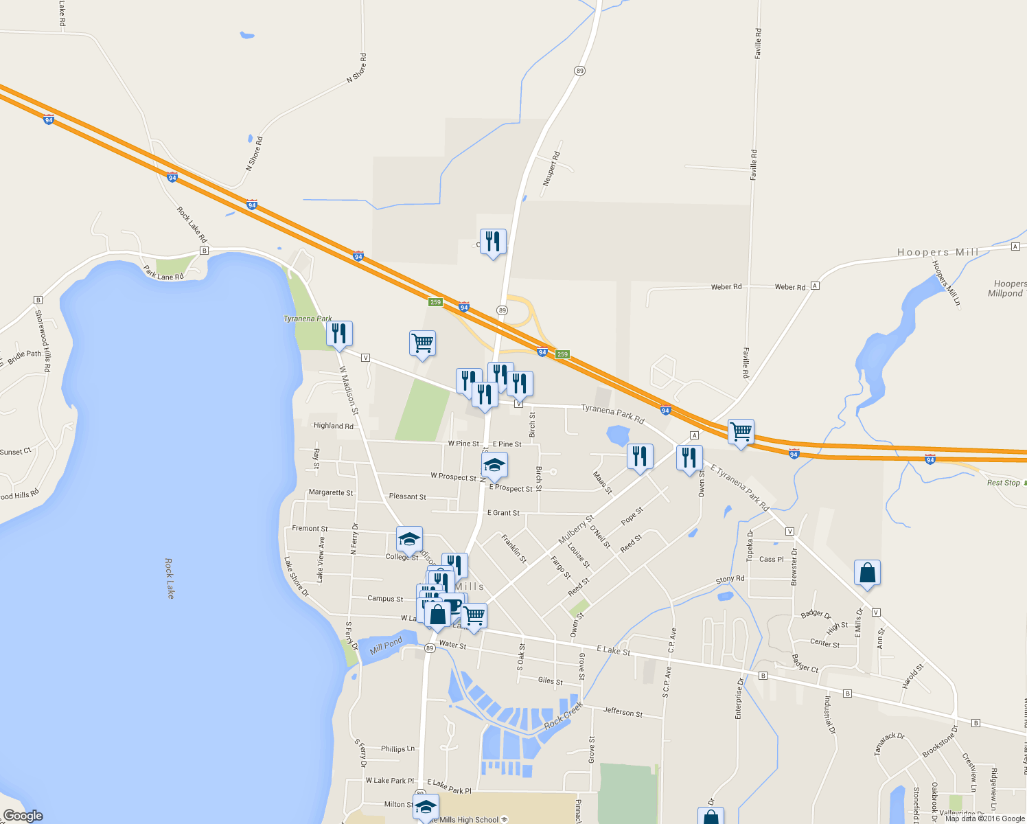map of restaurants, bars, coffee shops, grocery stores, and more near 142 East Tyranena Park Road in Lake Mills