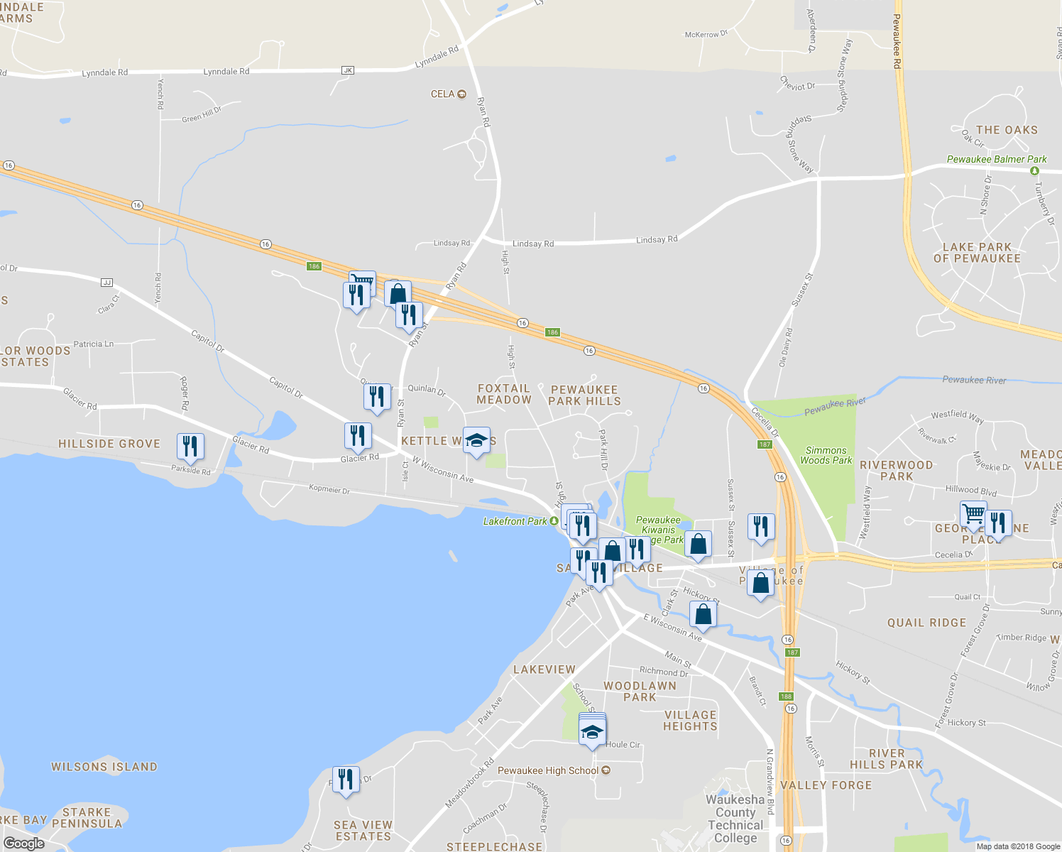 map of restaurants, bars, coffee shops, grocery stores, and more near 463 High Street in Pewaukee