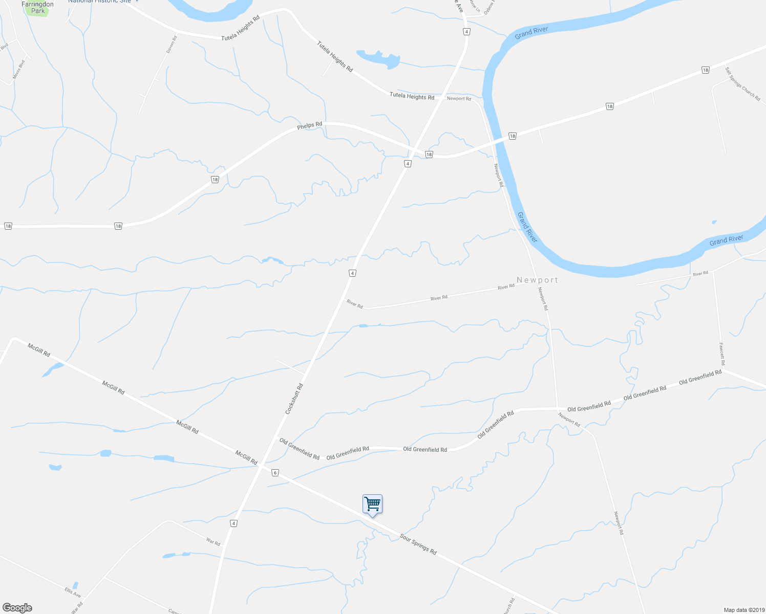 map of restaurants, bars, coffee shops, grocery stores, and more near 14 River Road in Brantford