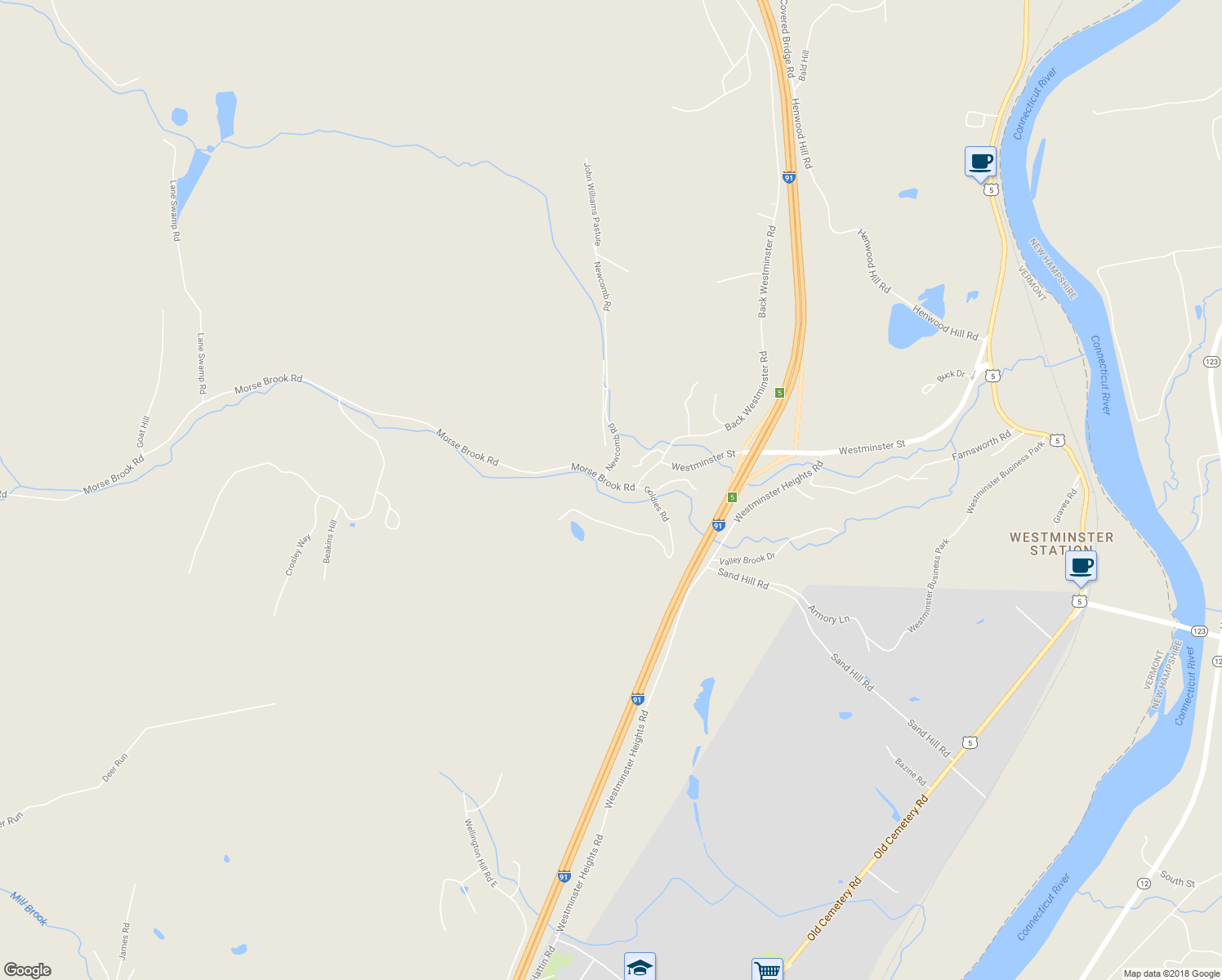 map of restaurants, bars, coffee shops, grocery stores, and more near 3416 Morse Brook Road in Putney