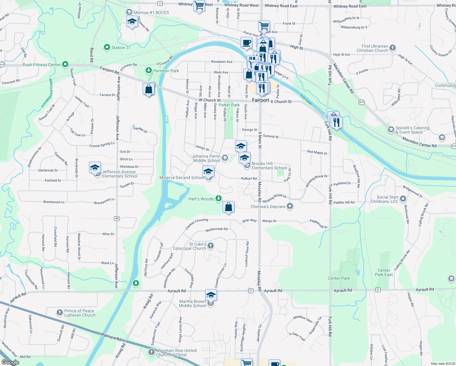 map of restaurants, bars, coffee shops, grocery stores, and more near 170 Hulburt Road in Fairport