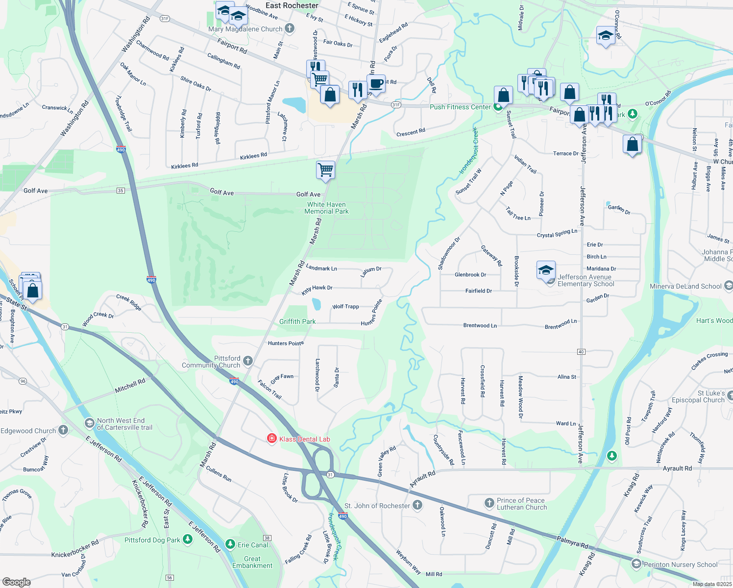map of restaurants, bars, coffee shops, grocery stores, and more near 41 Kitty Hawk Dr in Pittsford