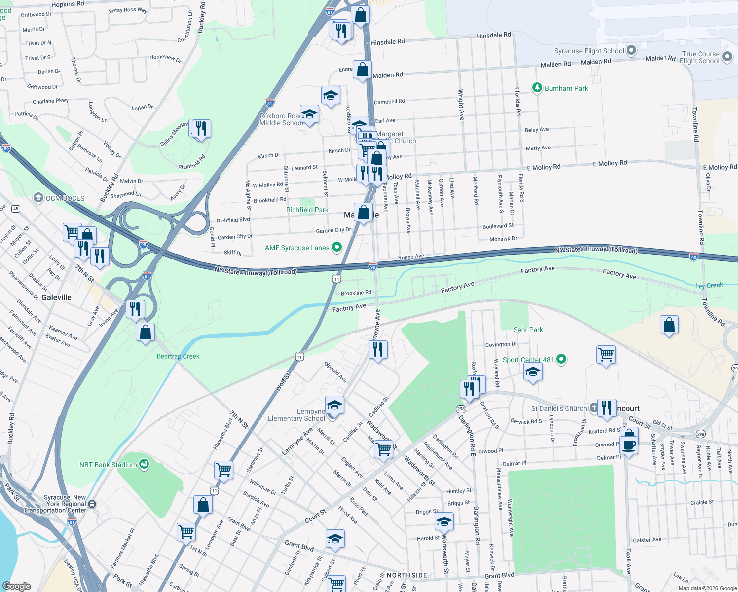 map of restaurants, bars, coffee shops, grocery stores, and more near 212 Brookline Road in Syracuse