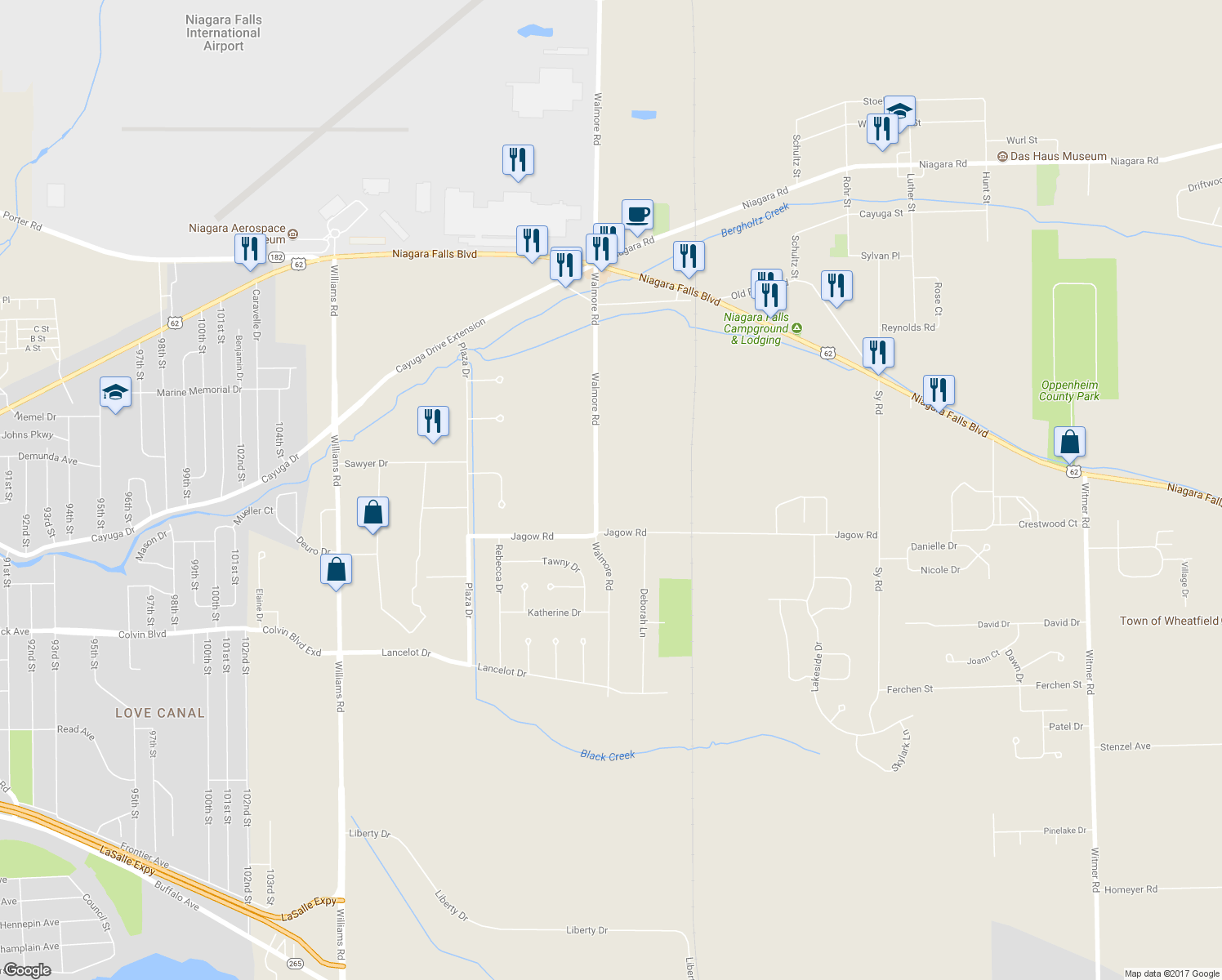 map of restaurants, bars, coffee shops, grocery stores, and more near 6881 Walmore Road in Niagara Falls