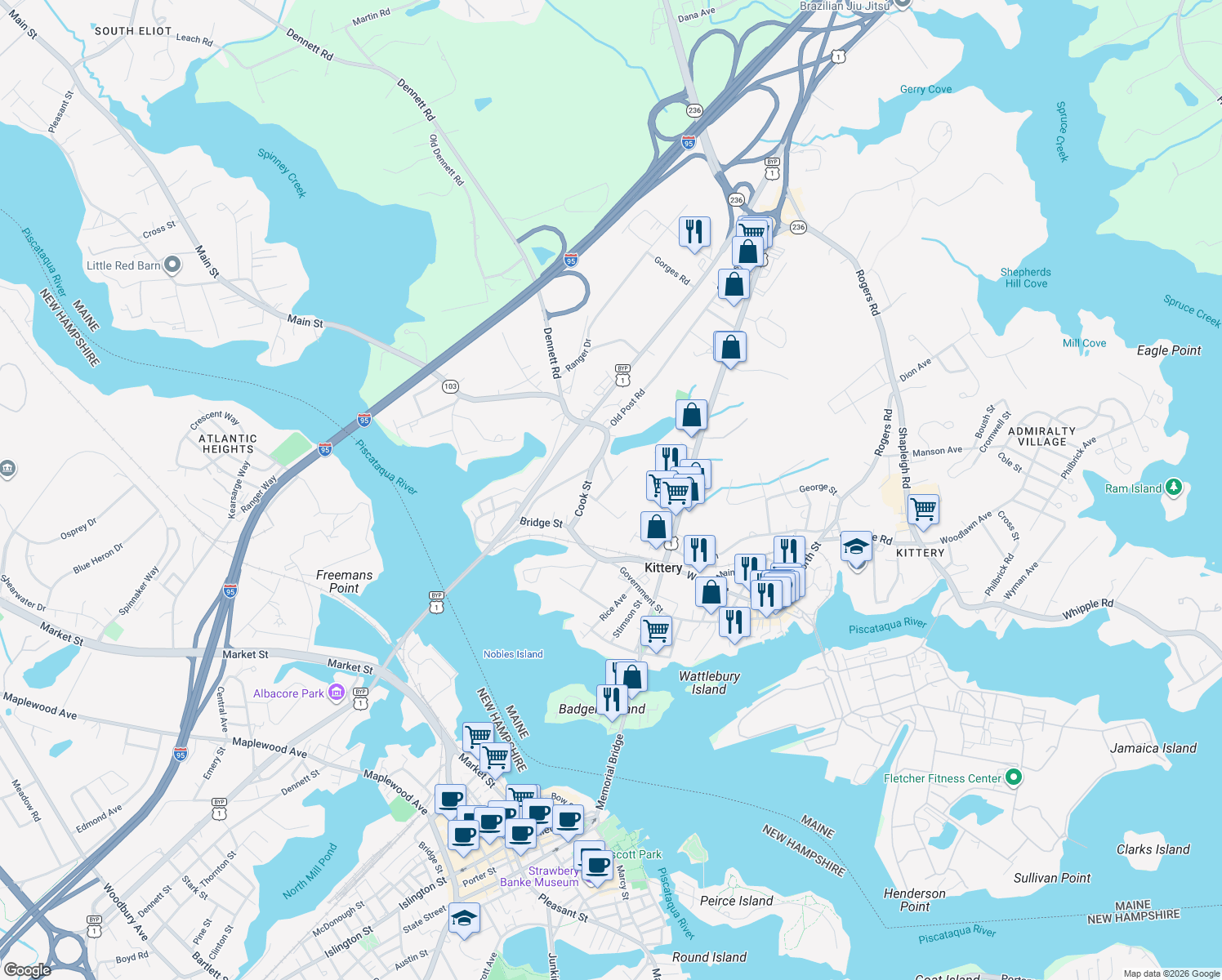 map of restaurants, bars, coffee shops, grocery stores, and more near 6 Rudolph Avenue in Kittery