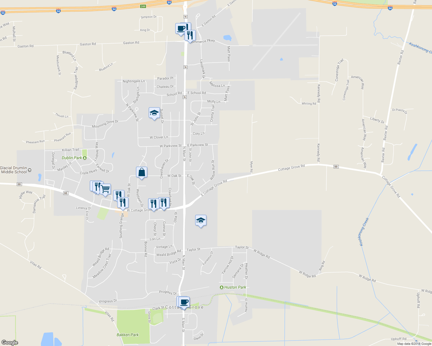 map of restaurants, bars, coffee shops, grocery stores, and more near 716 Willow Run Street in Cottage Grove
