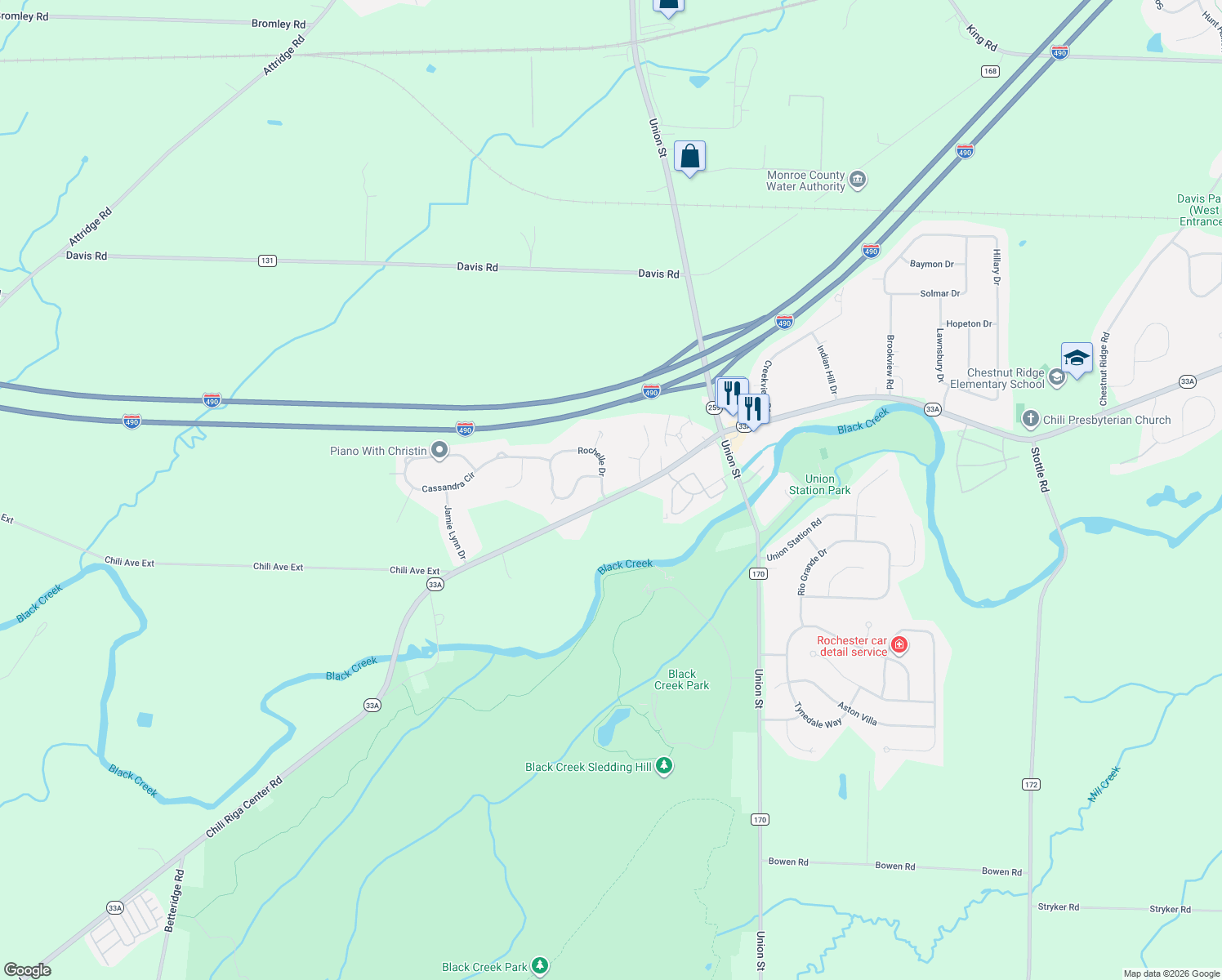 map of restaurants, bars, coffee shops, grocery stores, and more near 2 Rochelle Drive in Churchville