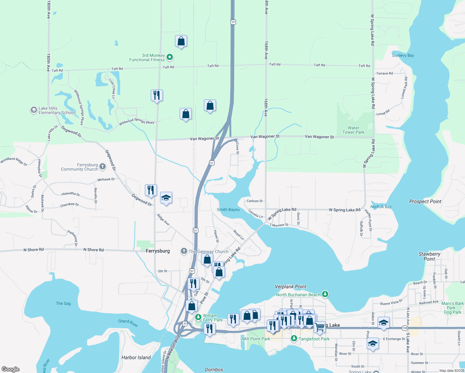 map of restaurants, bars, coffee shops, grocery stores, and more near 17728 170th Avenue in Spring Lake