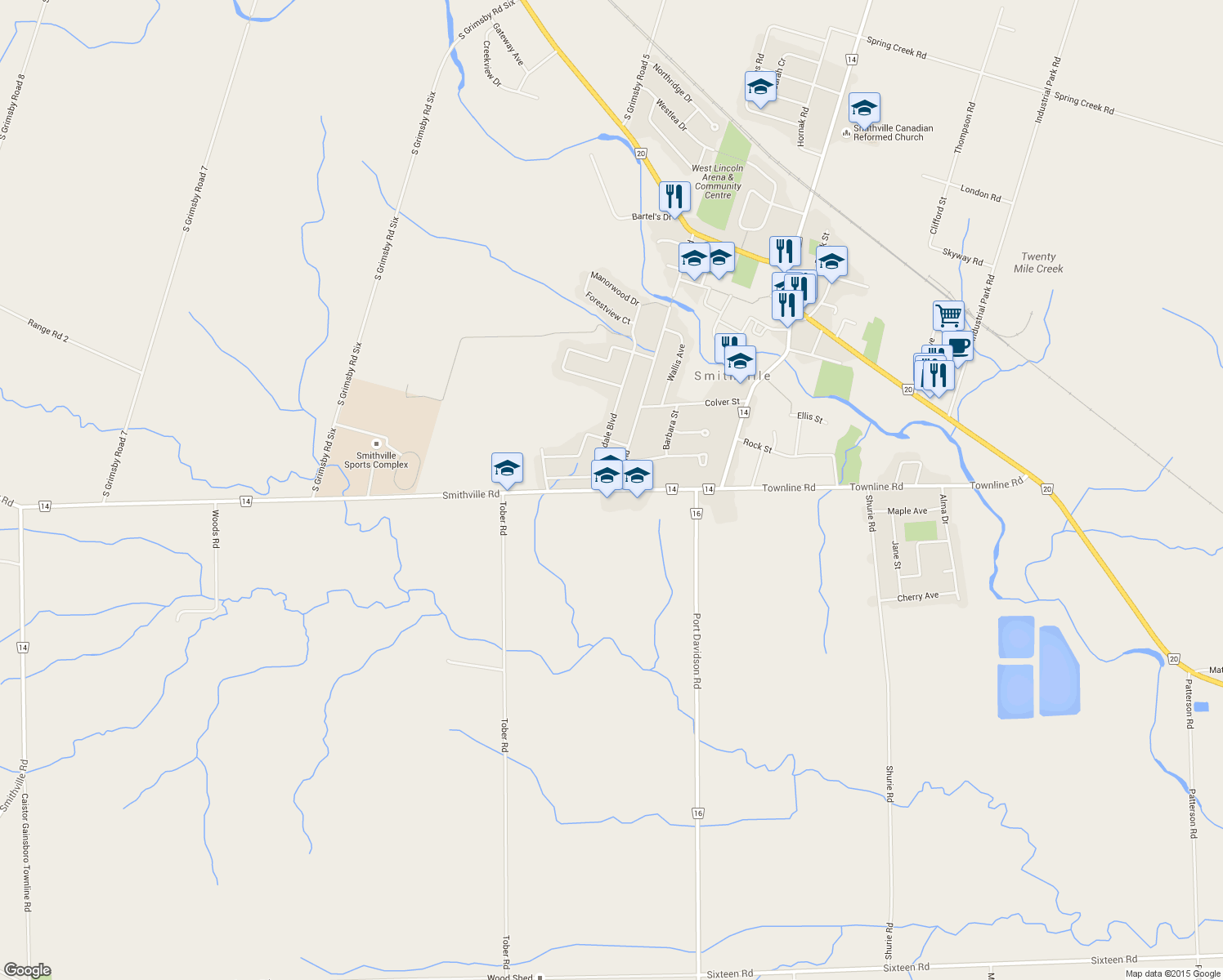 map of restaurants, bars, coffee shops, grocery stores, and more near 6485 Niagara Regional Road 14 in Smithville