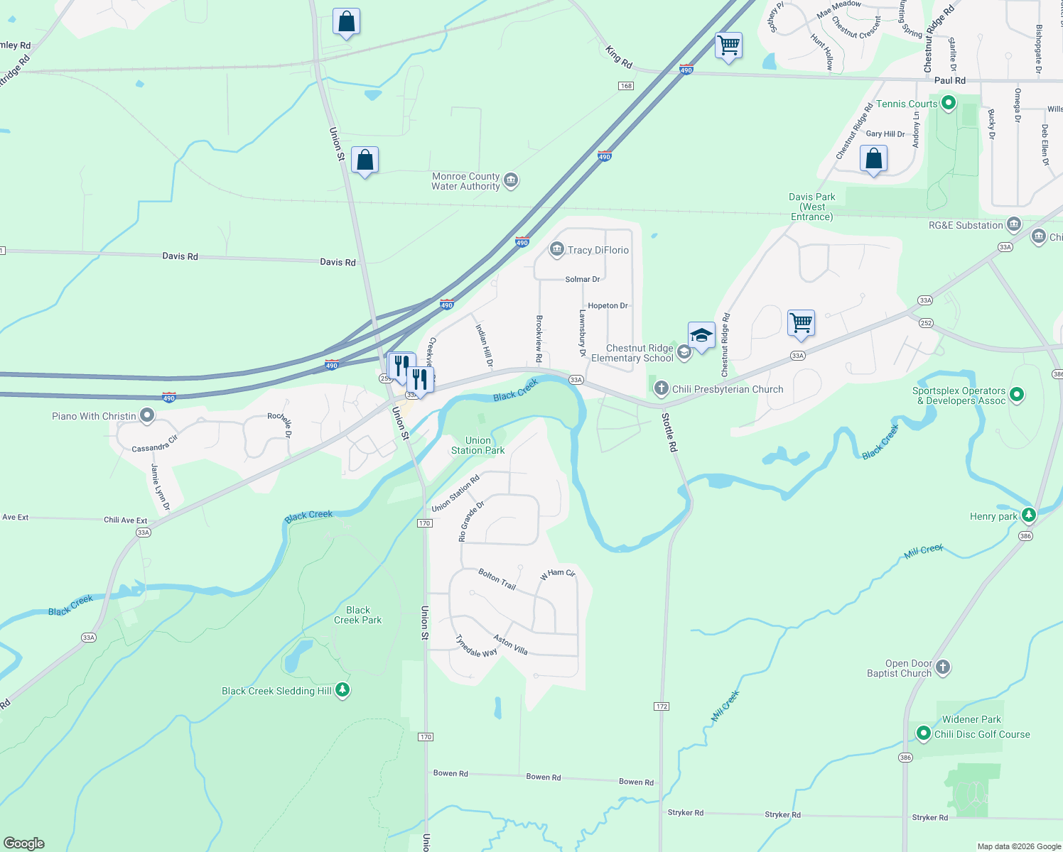 map of restaurants, bars, coffee shops, grocery stores, and more near 37 Trestle Trail in North Chili