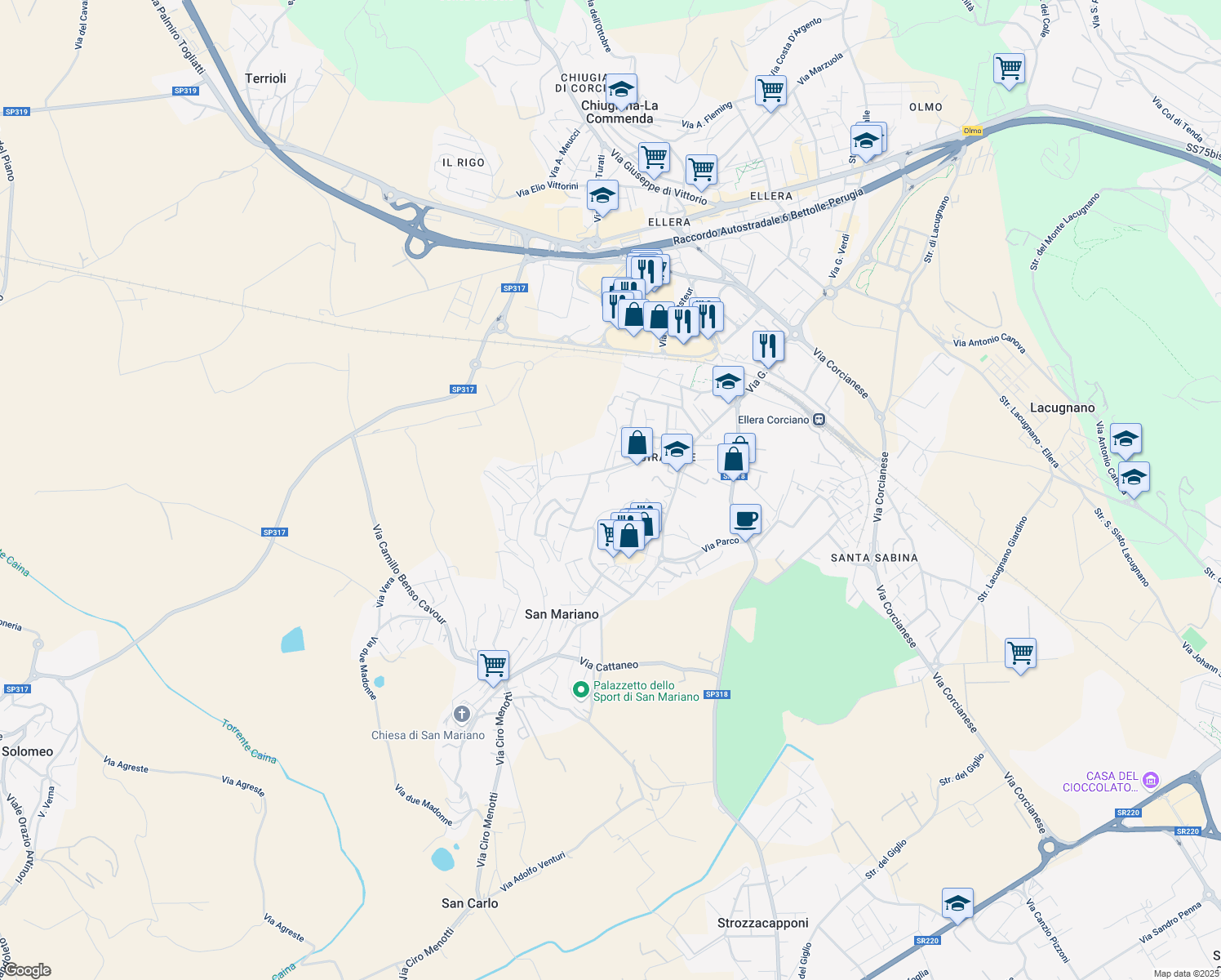 map of restaurants, bars, coffee shops, grocery stores, and more near 17 Via Giovanni Giolitti in Chiugiana