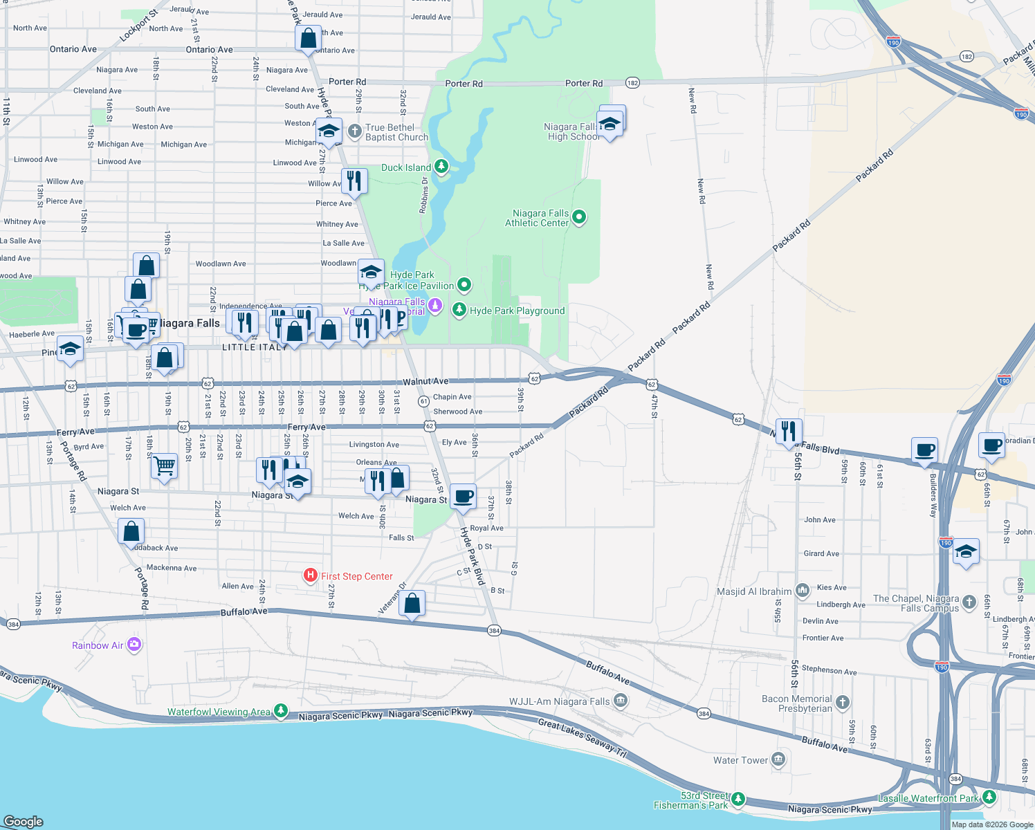 map of restaurants, bars, coffee shops, grocery stores, and more near 3667 Sherwood Avenue in Niagara Falls