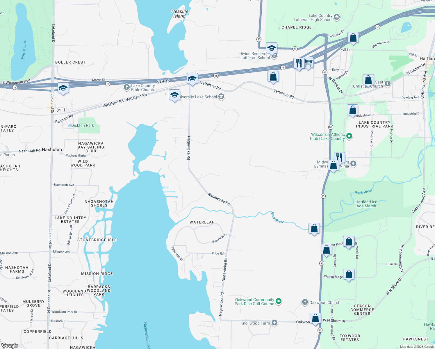 map of restaurants, bars, coffee shops, grocery stores, and more near 3638 Nagawicka Road in Hartland