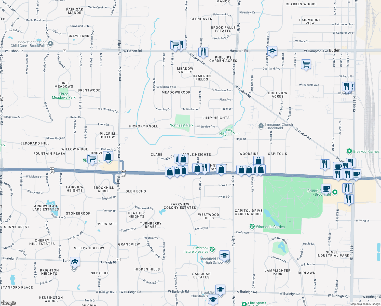 map of restaurants, bars, coffee shops, grocery stores, and more near 14560 Woodland Place in Brookfield