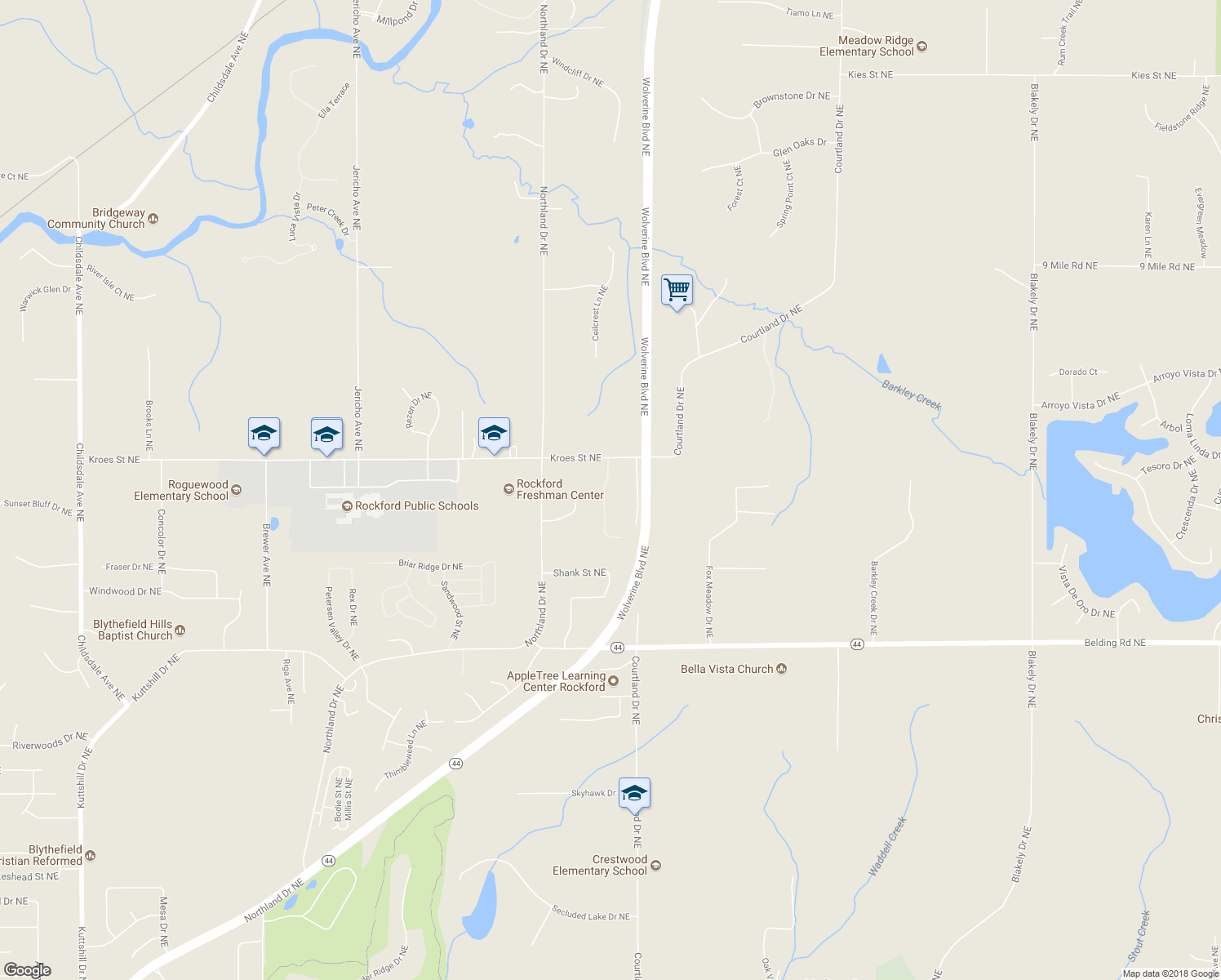 map of restaurants, bars, coffee shops, grocery stores, and more near 7168 Black Forest Drive Northeast in Rockford