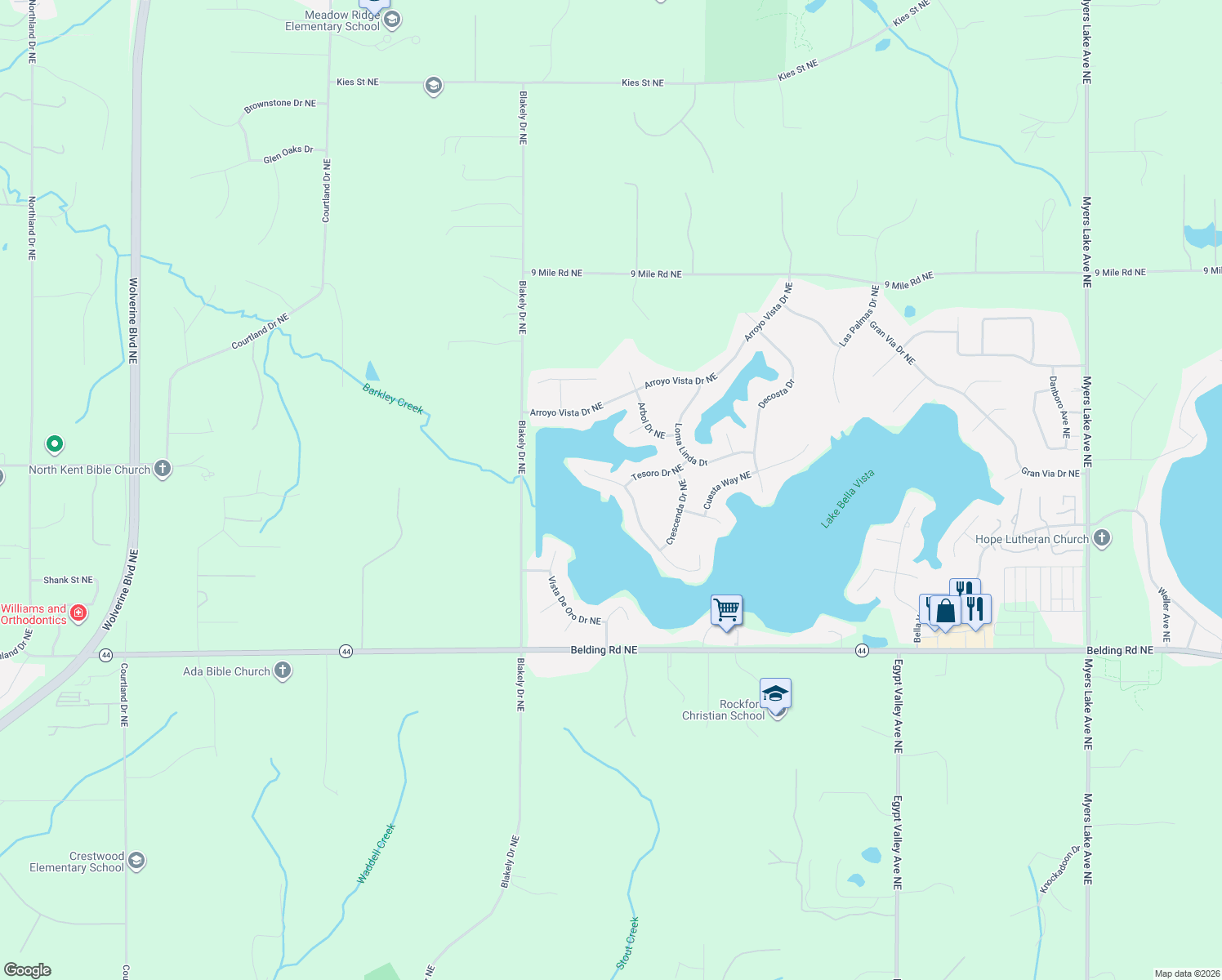 map of restaurants, bars, coffee shops, grocery stores, and more near 7135 Camino Del Rey Drive Northeast in Rockford
