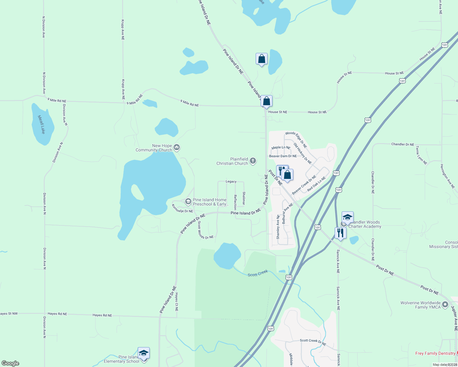 map of restaurants, bars, coffee shops, grocery stores, and more near 7170 Sovereign Drive Northeast in Comstock Park
