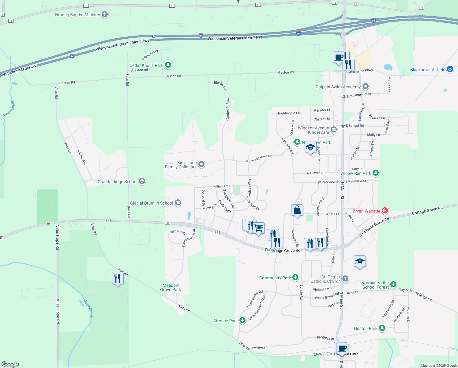 map of restaurants, bars, coffee shops, grocery stores, and more near 517 Killian Trail in Cottage Grove